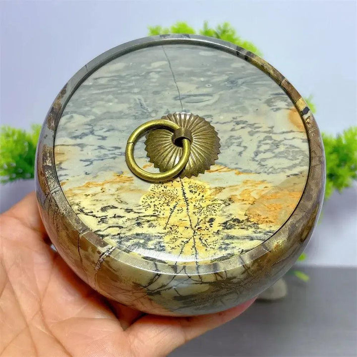 Hand-carved Picture Jasper Lidded Bowl with unique desert tones and a brass ring, perfect for sacred objects.