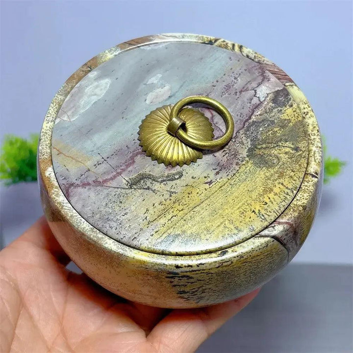 Hand-carved Picture Jasper Lidded Bowl, a unique crystal vessel with sweeping desert tones and a brass ring pull.