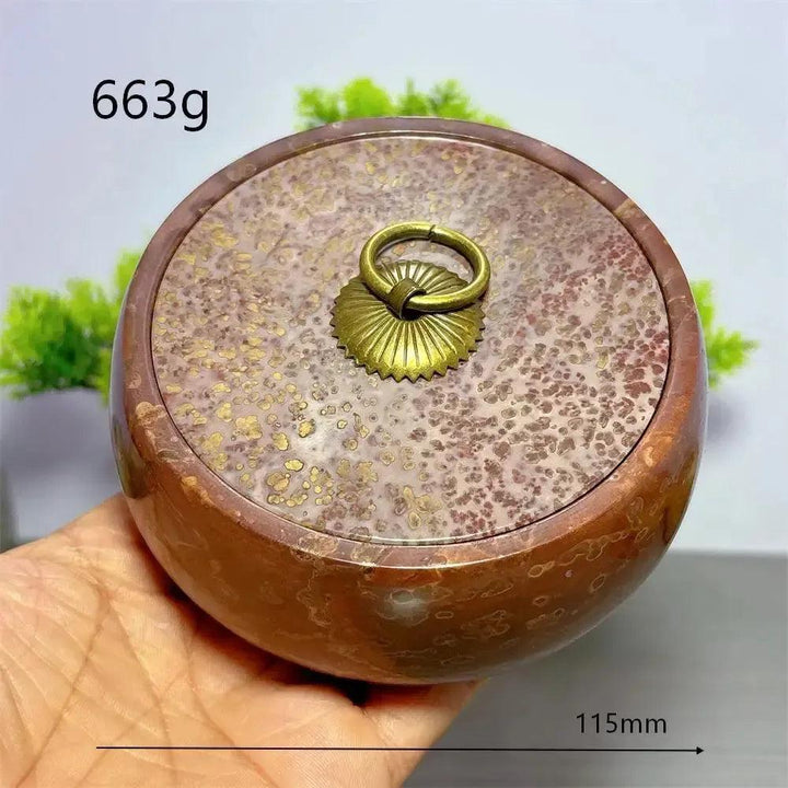 Hand-carved Picture Jasper Lidded Bowl with unique desert tones and a brass ring pull, perfect for sacred objects.