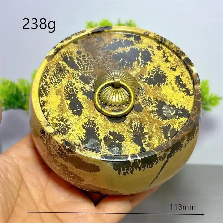 Hand-carved Picture Jasper Lidded Bowl with unique desert tones and a brass ring handle, 113mm, 238g.