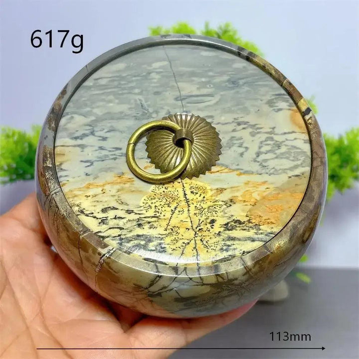 Hand-carved Picture Jasper lidded bowl with sweeping desert tones and a brass ring handle, 113mm, 617g.