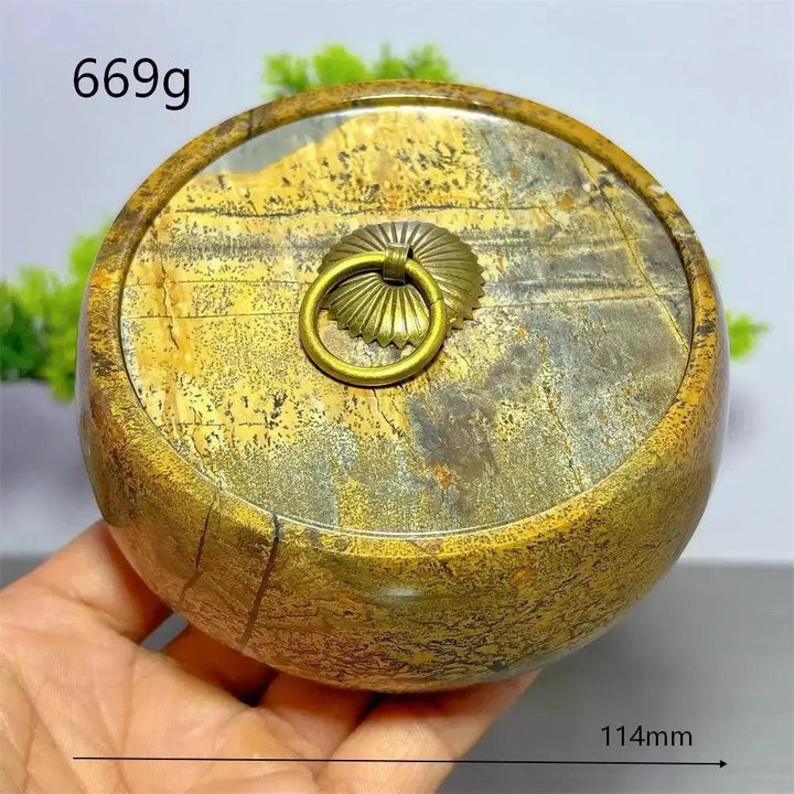 Hand-carved Picture Jasper Lidded Bowl with desert tones and layered sediment bands, featuring a brass ring pull.