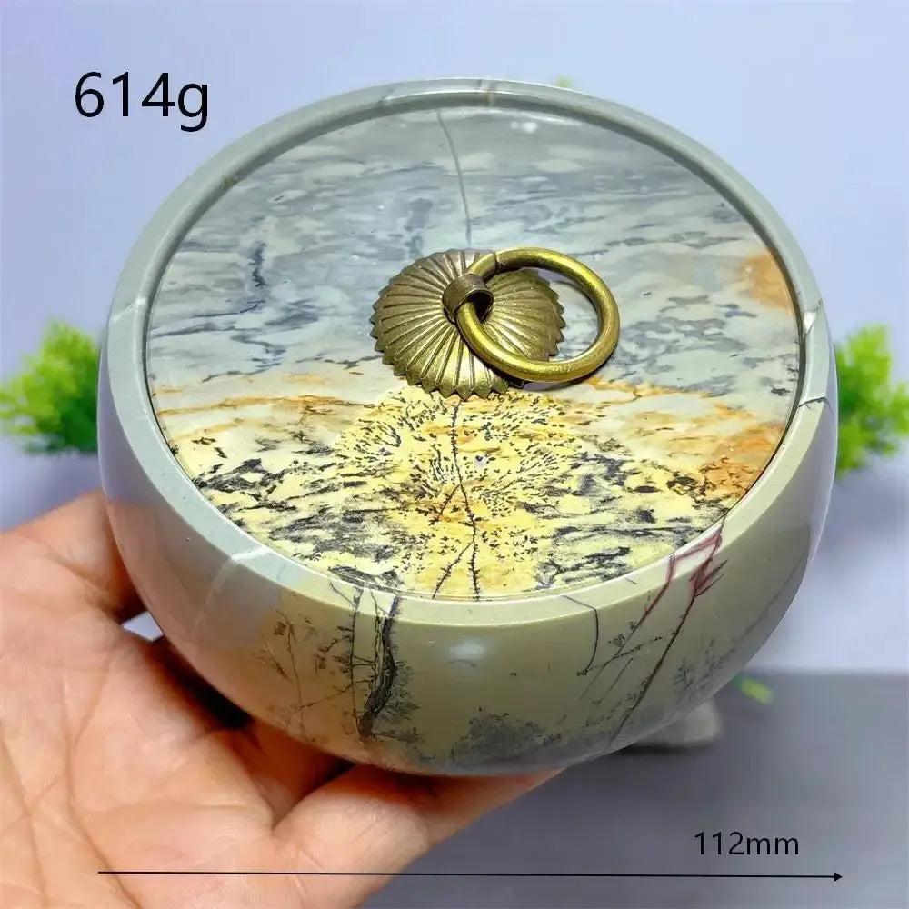 Hand-carved Picture Jasper Lidded Bowl with unique desert tones and a brass ring handle.