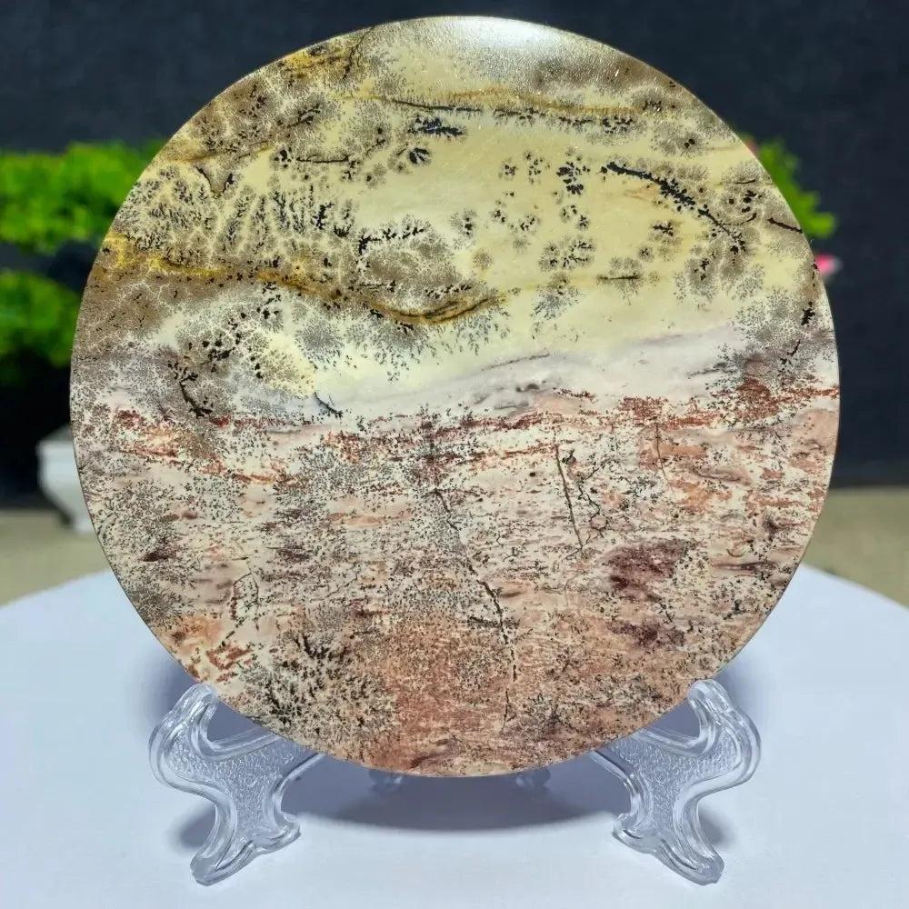 Round Picture Jasper slab from Crystal Destiny, featuring natural landscape patterns in earthy tones.