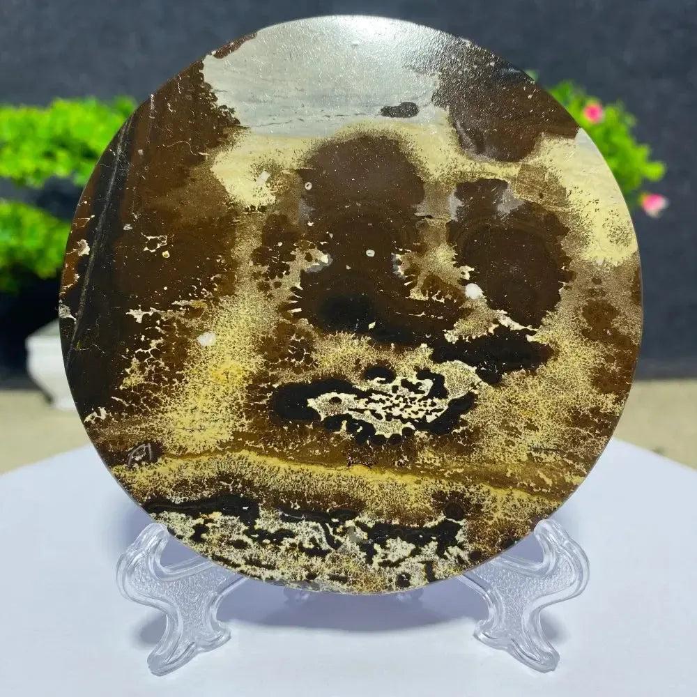 Round Picture Jasper slab, a unique landscape painting stone from Crystal Destiny, showcasing earthy brown and cream patterns.