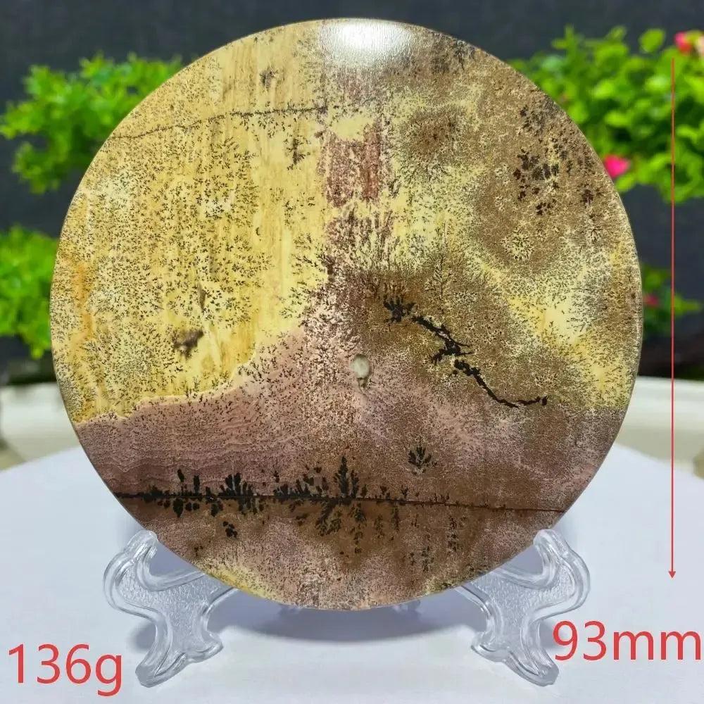 Crystal Destiny's round Picture Jasper slab, 93mm, 136g, with earthy landscape patterns for grounding energy.