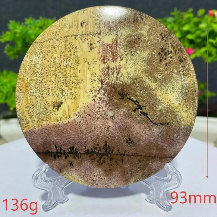 Crystal Destiny's round Picture Jasper slab, 93mm, 136g, with earthy landscape patterns for grounding energy.