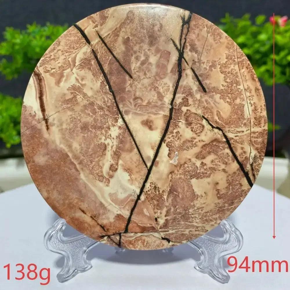 Round Picture Jasper slab, 138g, 94mm, with natural brown, cream, and black landscape patterns from Crystal Destiny.
