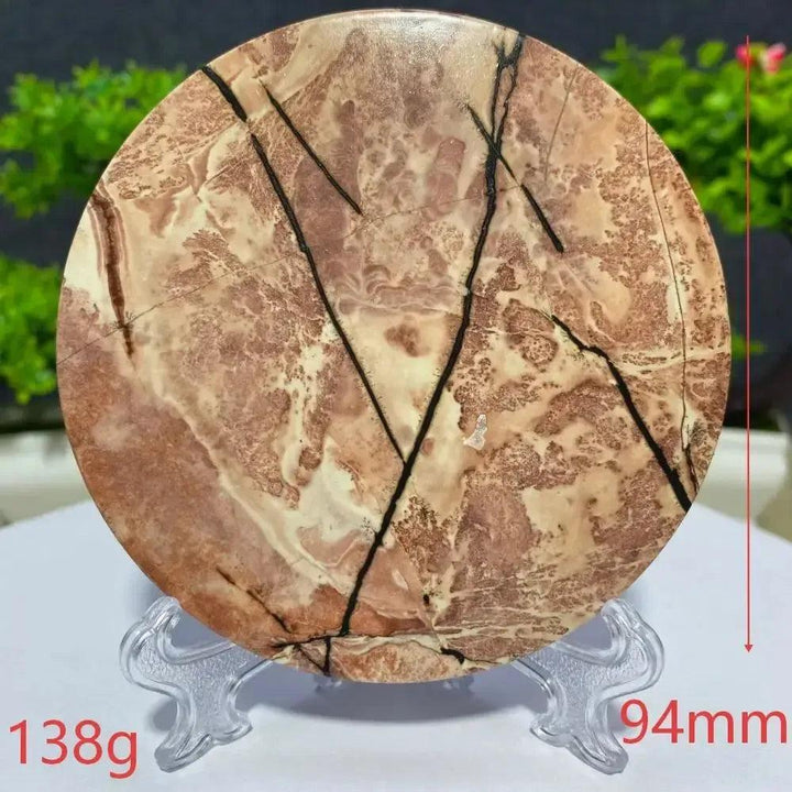 Round Picture Jasper slab, 138g, 94mm, with natural brown, cream, and black landscape patterns from Crystal Destiny.