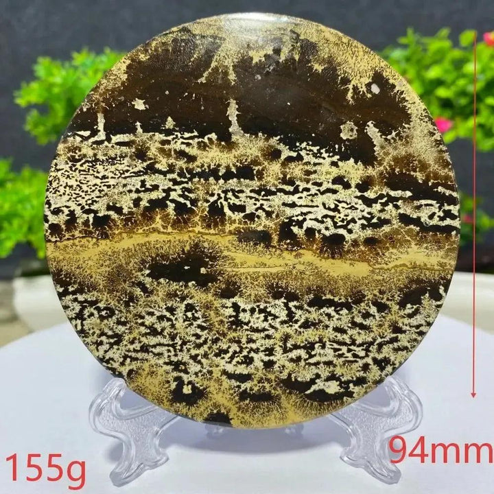 Crystal Destiny's round Picture Jasper slab, 94mm, 155g, with earthy brown and cream landscape patterns.
