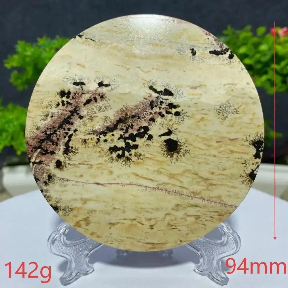 Crystal Destiny's round Picture Jasper slab, 142g, 94mm, with earthy tones and natural landscape patterns.