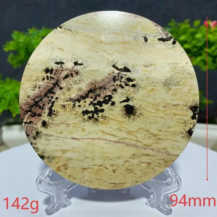 Crystal Destiny's round Picture Jasper slab, 142g, 94mm, with earthy tones and natural landscape patterns.