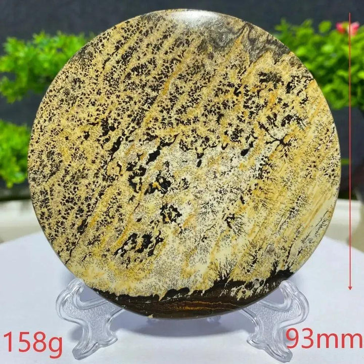 Crystal Destiny's round Picture Jasper slab, 158g, 93mm, displaying unique earthy brown and cream landscape patterns.