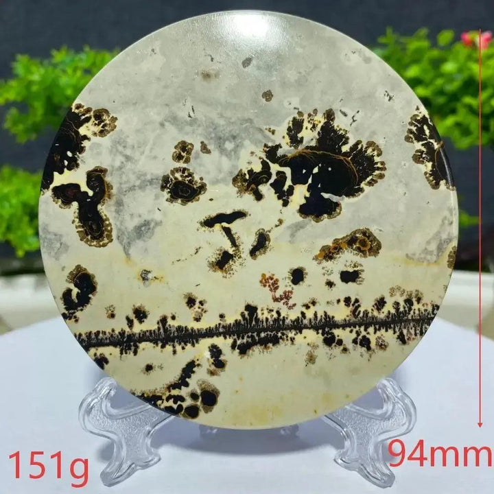 Round Picture Jasper slab, 94mm, 151g, with natural black and brown landscape patterns, from Crystal Destiny.