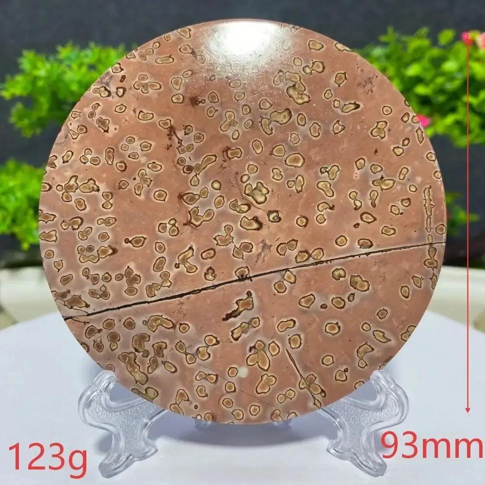 Round Picture Jasper slab from Crystal Destiny, 93mm, 123g, with unique brown and cream landscape patterns.
