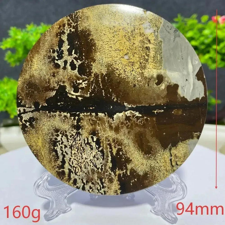 Round Picture Jasper slab from Crystal Destiny, 160g, 94mm, with natural brown, gold, and cream landscape patterns.