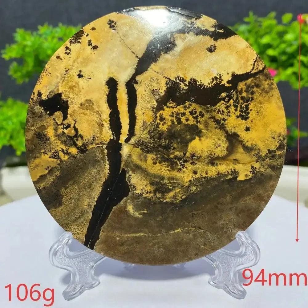 Round Picture Jasper slab, 94mm, 106g, with natural black and yellow landscape patterns from Crystal Destiny.