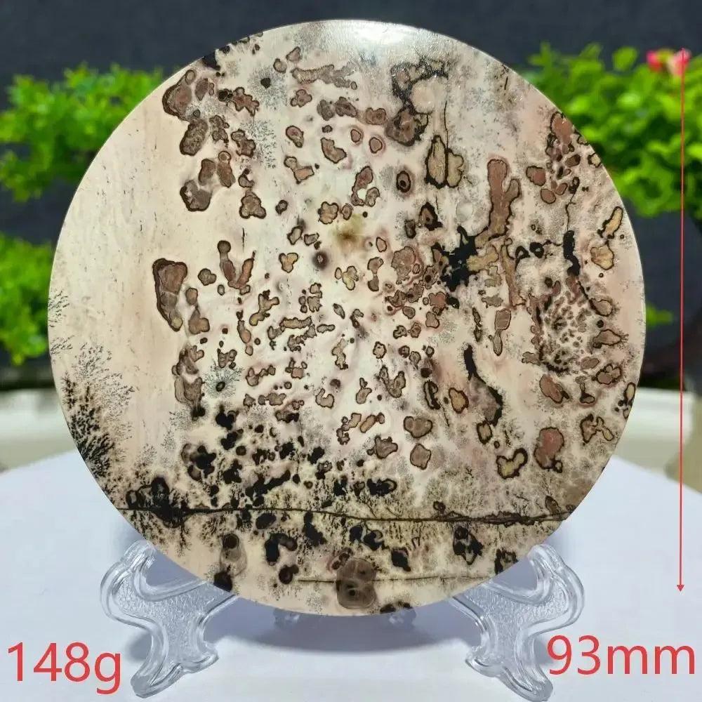 Round Picture Jasper slab with unique brown and black landscape patterns on a cream background, from Crystal Destiny.