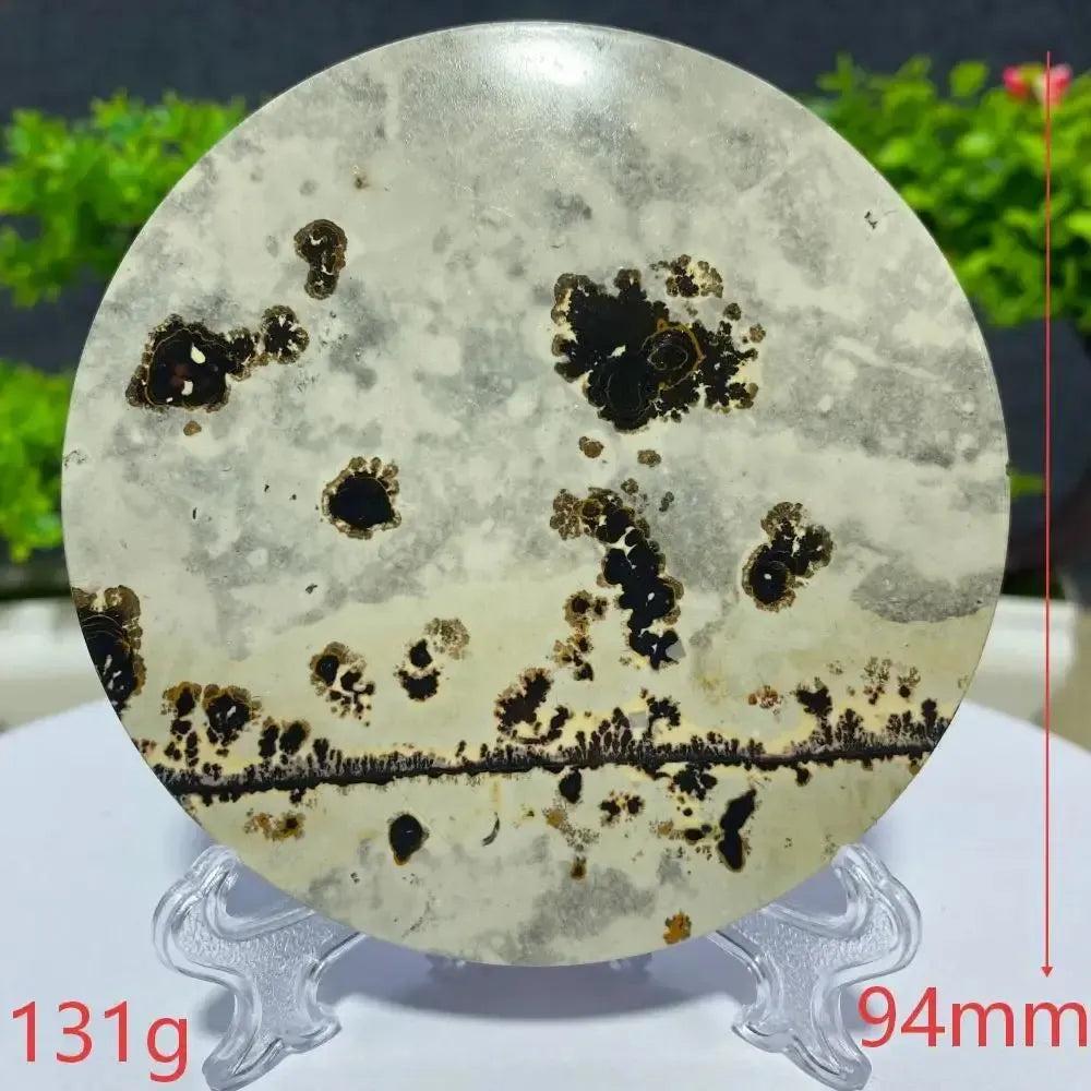 Crystal Destiny's round Picture Jasper slab, 131g, 94mm, with unique earthy brown and cream landscape patterns.
