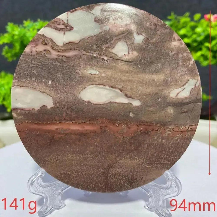 Crystal Destiny's Picture Jasper slab, a unique 141g, 94mm round stone with natural landscape patterns in earthy browns and white.