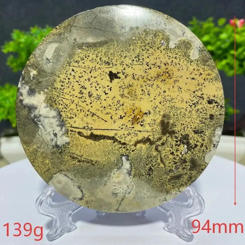 Round Picture Jasper slab from Crystal Destiny, featuring natural landscape patterns in earthy tones, 139g, 94mm.