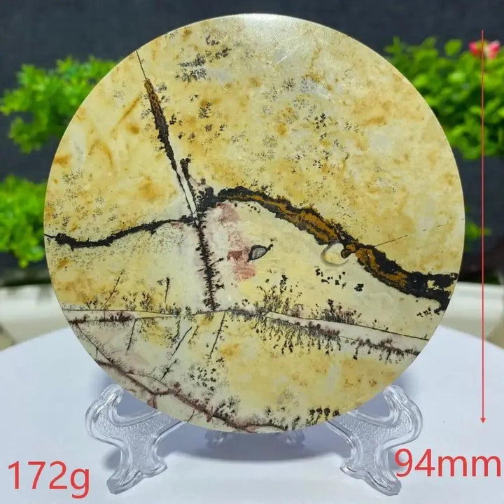 Crystal Destiny's round Picture Jasper slab, 94mm, 172g, with unique landscape patterns for grounding and meditation.