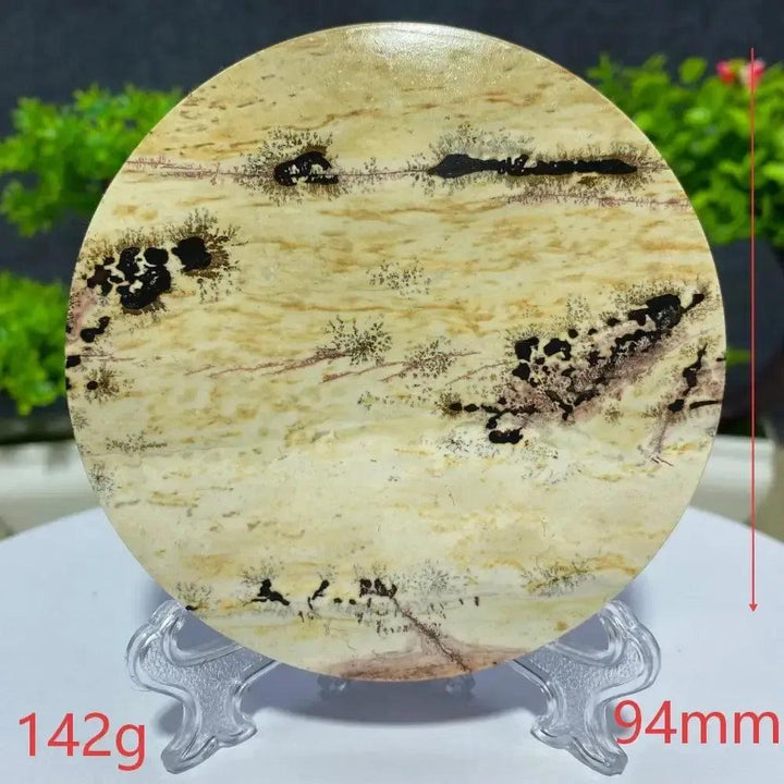 Round Picture Jasper slab from Crystal Destiny, 94mm, 142g, with natural earthy landscape patterns.