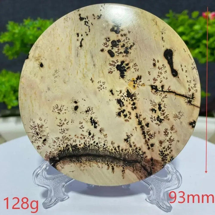 Crystal Destiny's round Picture Jasper slab, 93mm, 128g, displaying natural landscape patterns on a clear stand.