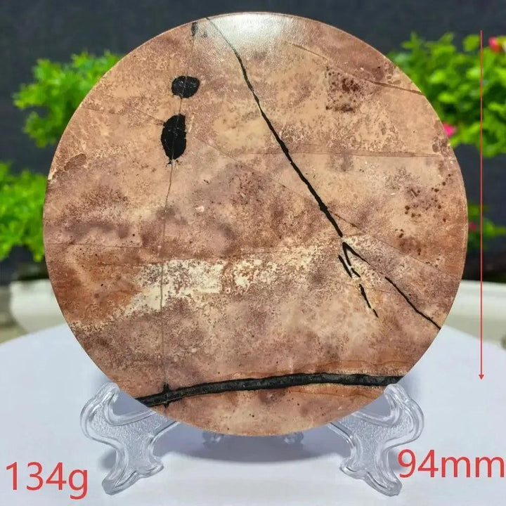 Round Picture Jasper slab from Crystal Destiny, 94mm, 134g, with natural earthy brown, beige, and black landscape patterns.