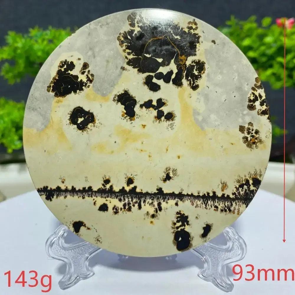 Round Picture Jasper slab from Crystal Destiny, 93mm, 143g, with natural black and brown landscape patterns.