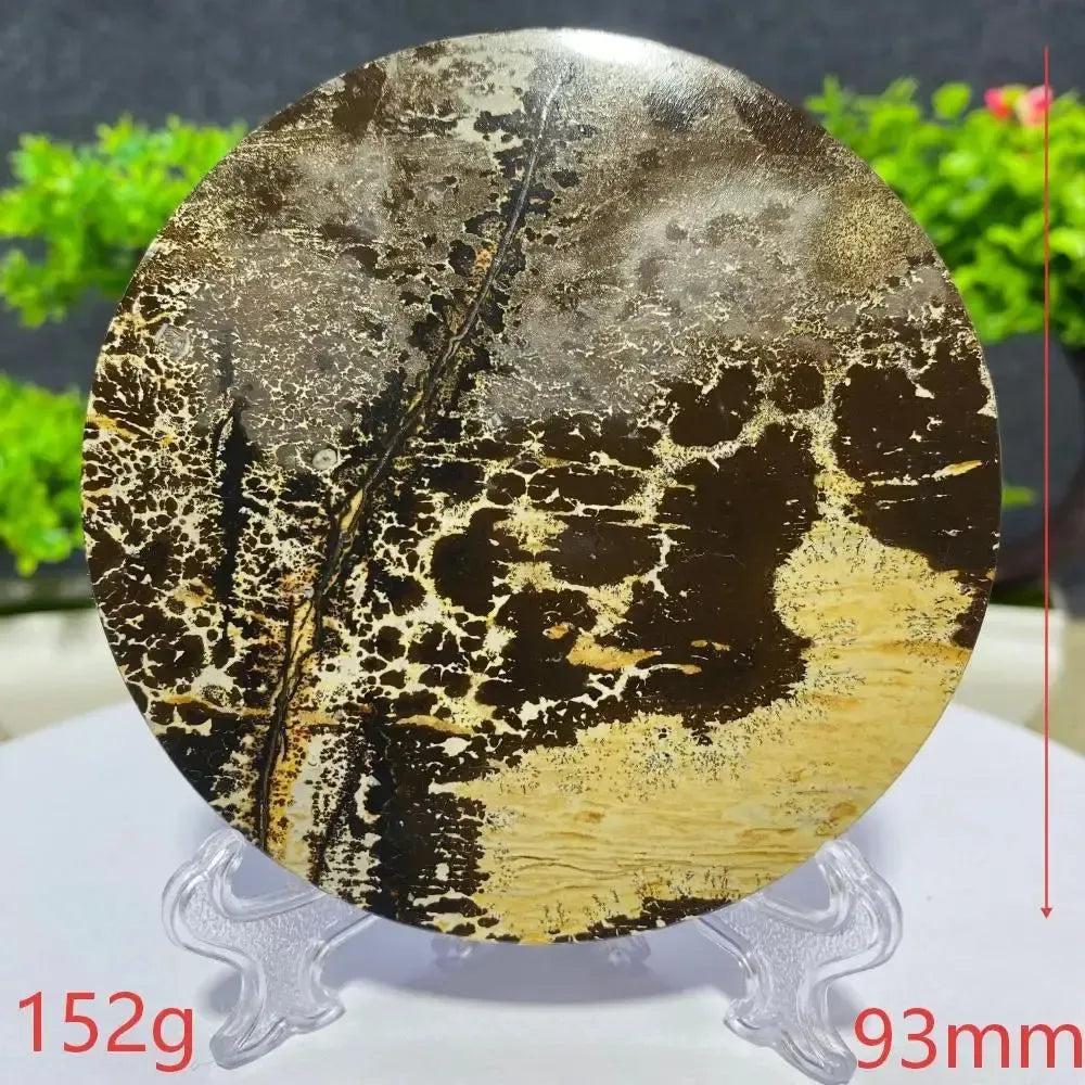 Crystal Destiny's round Picture Jasper slab, 152g, 93mm, with unique brown, black, and cream landscape patterns.