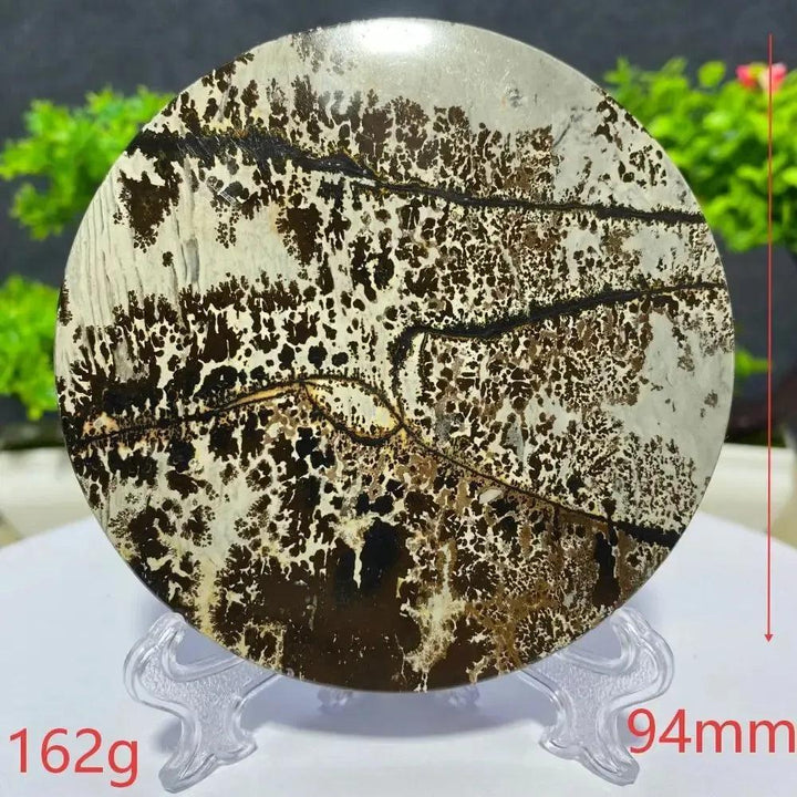 Round Picture Jasper slab from Crystal Destiny, 162g, 94mm, with natural brown and cream landscape patterns.