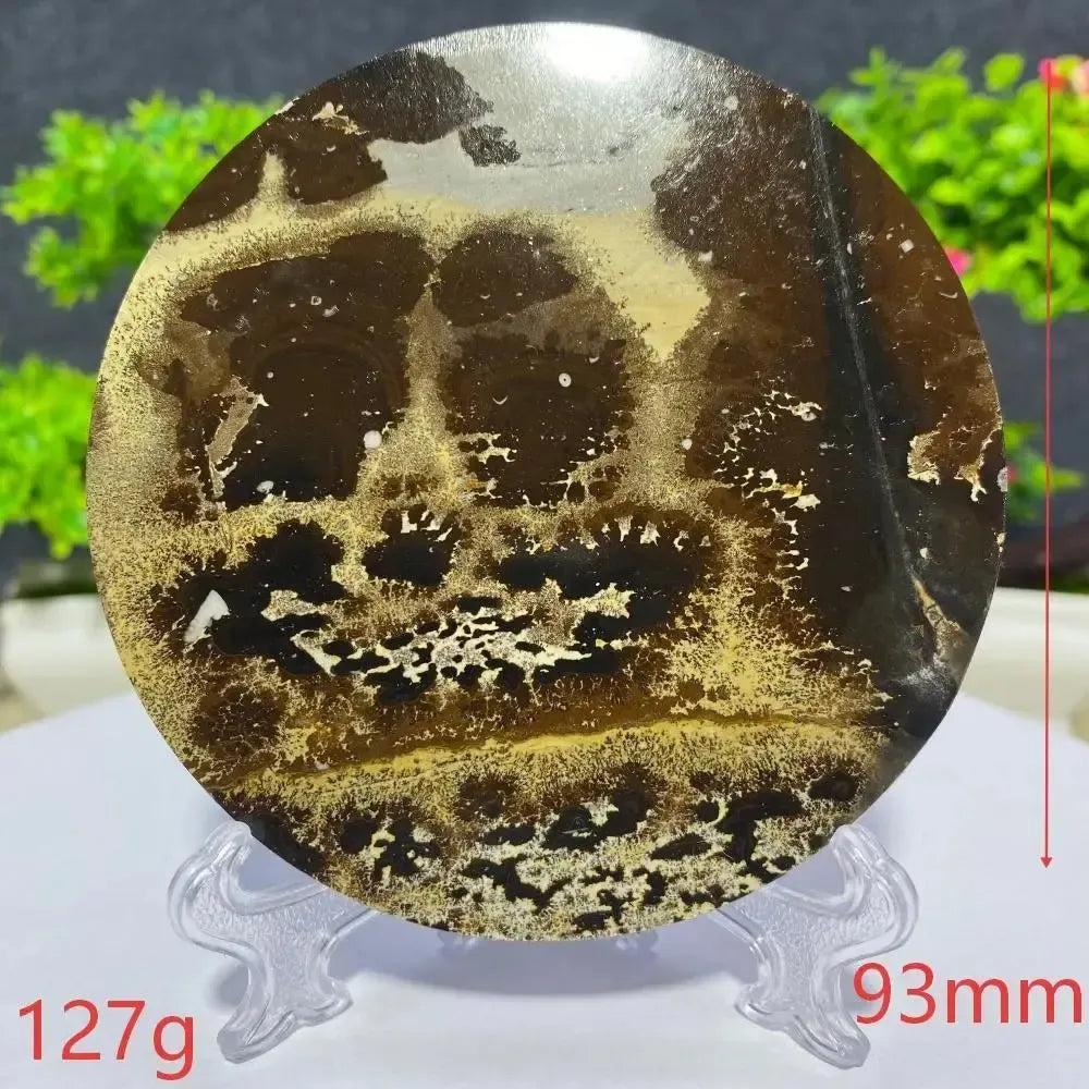 Crystal Destiny's round Picture Jasper slab, 93mm, 127g, displaying unique brown and gold landscape patterns.