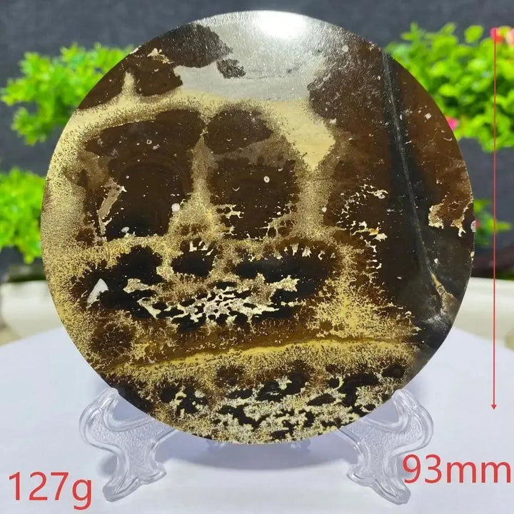 Crystal Destiny's round Picture Jasper slab, 93mm, 127g, displaying unique brown and gold landscape patterns.