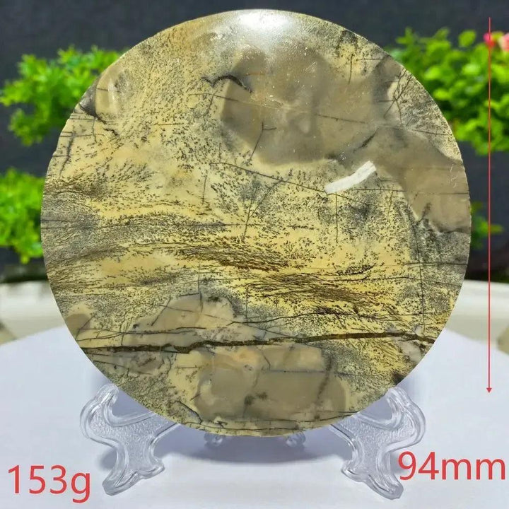 Crystal Destiny's round Picture Jasper slab, 94mm, 153g, with unique landscape patterns for grounding energy.