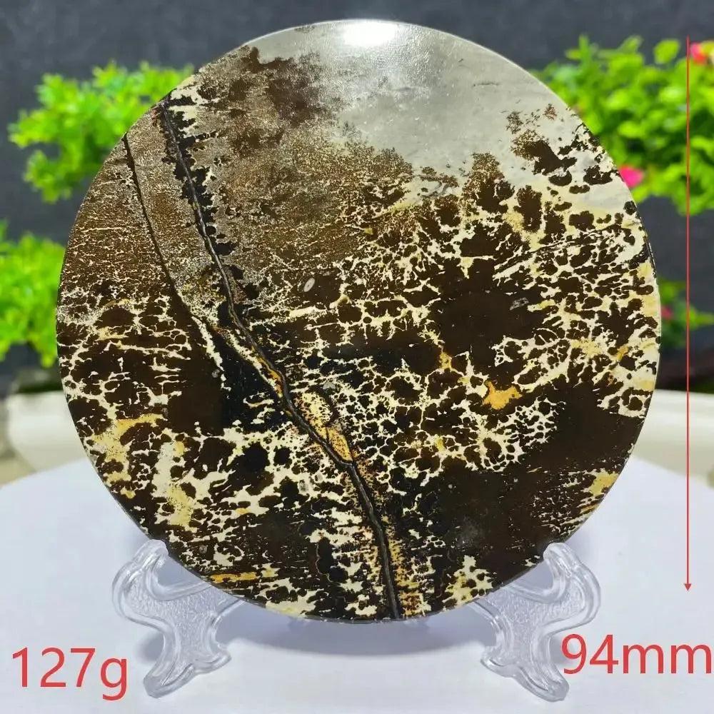 Crystal Destiny's round Picture Jasper slab, 94mm, 127g, with unique brown, black, and white landscape patterns.