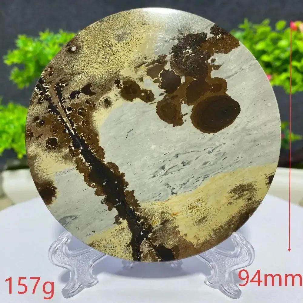 Round Picture Jasper slab, 94mm, 157g, displaying unique brown, cream, and grey landscape patterns from Crystal Destiny.