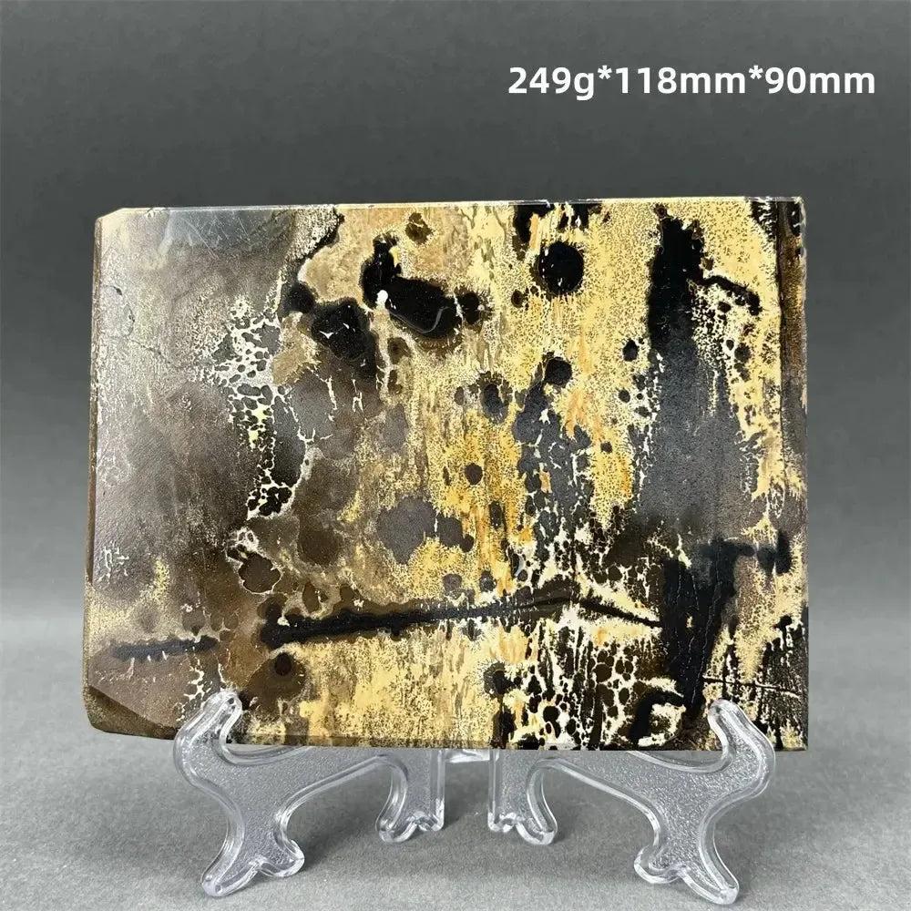 Polished Picture Jasper slice with unique black, brown, and cream landscape patterns on a clear stand from Crystal Destiny.