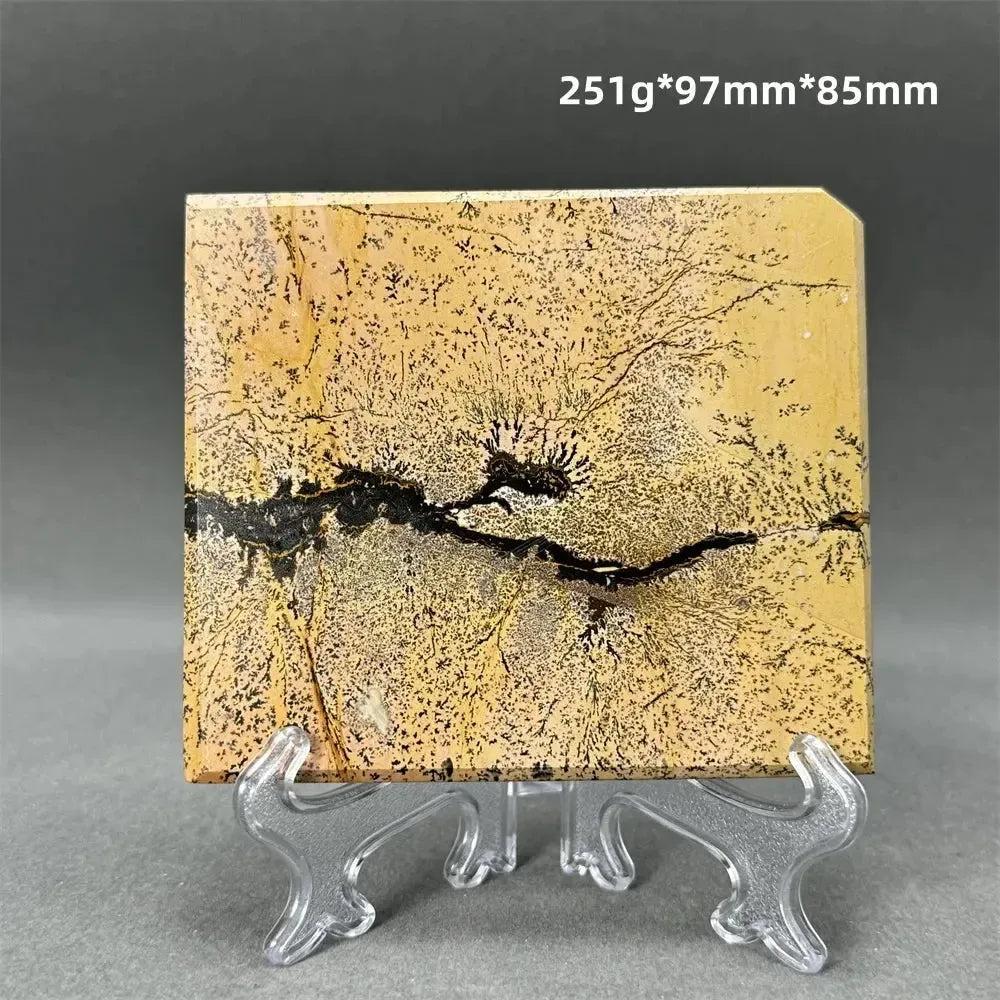 Polished Picture Jasper slice with unique black dendritic patterns on warm brown and cream, displayed on a clear stand.