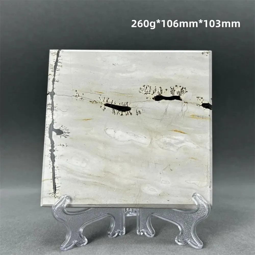 Polished Picture Jasper slice from Crystal Destiny, displaying unique cream, sand, and brown landscape patterns on a clear stand.