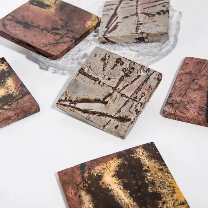 Exquisite square landscape jasper stone slices with natural earthy patterns, perfect for grounding home decor and display.