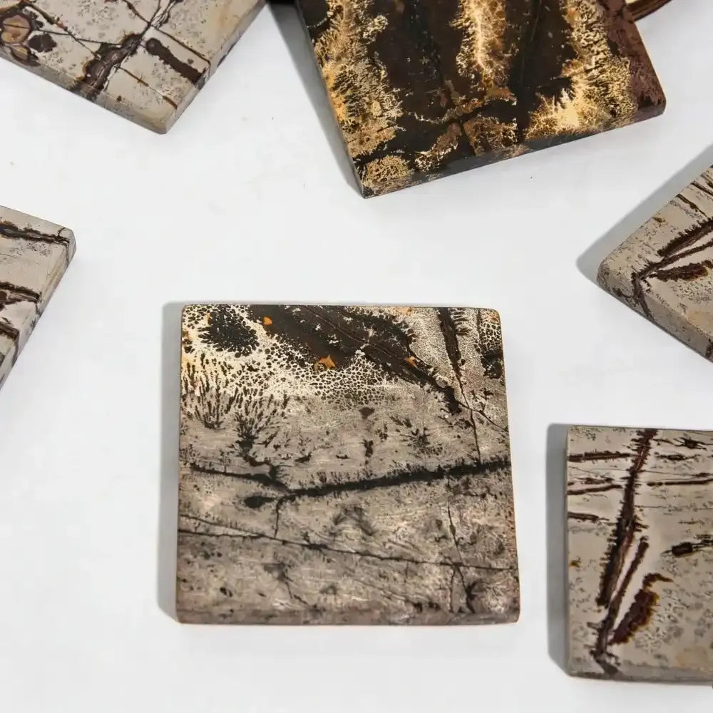 Exquisite square Chinese painting stone slices featuring natural dendritic patterns for unique, grounding desktop decor.