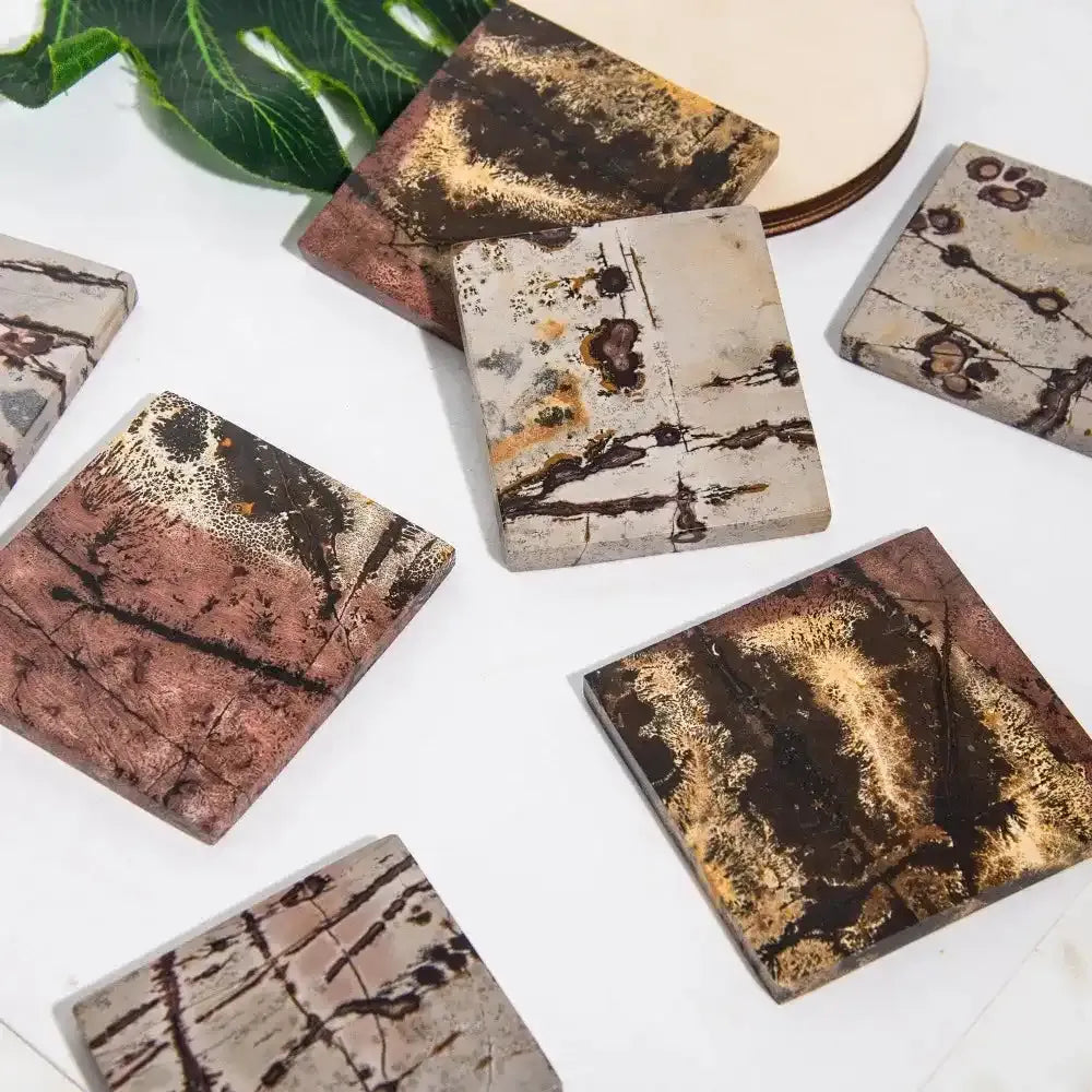 Exquisite square Chinese painting stone slices featuring unique earthy patterns, perfect for grounding desktop decor.