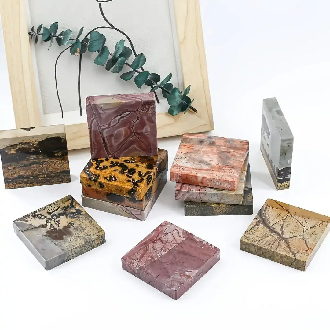 Exquisite Chinese painting stone square slices featuring unique natural patterns, ideal for elegant desktop decor.