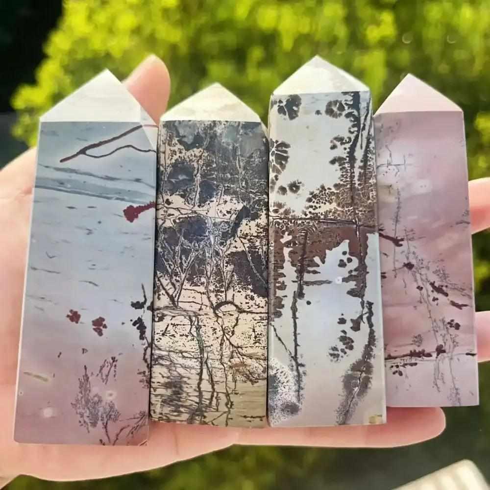 Polished Picture Jasper towers featuring tan, brown, and cream desert landscapes for grounding and root chakra balance.