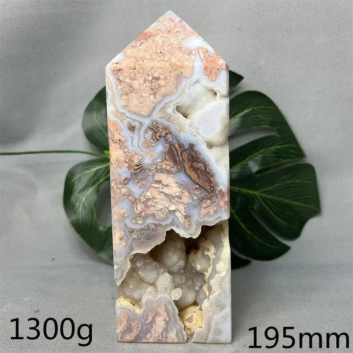 Pink Agate Geode Crystal Tower from Crystal Destiny, featuring sparkling druzy, soft pink hues, and white banding.