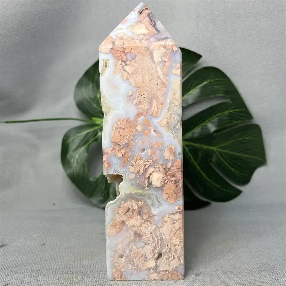 Pink Agate geode crystal tower from Crystal Destiny, featuring soft pink, rose, and white hues with sparkling druzy.