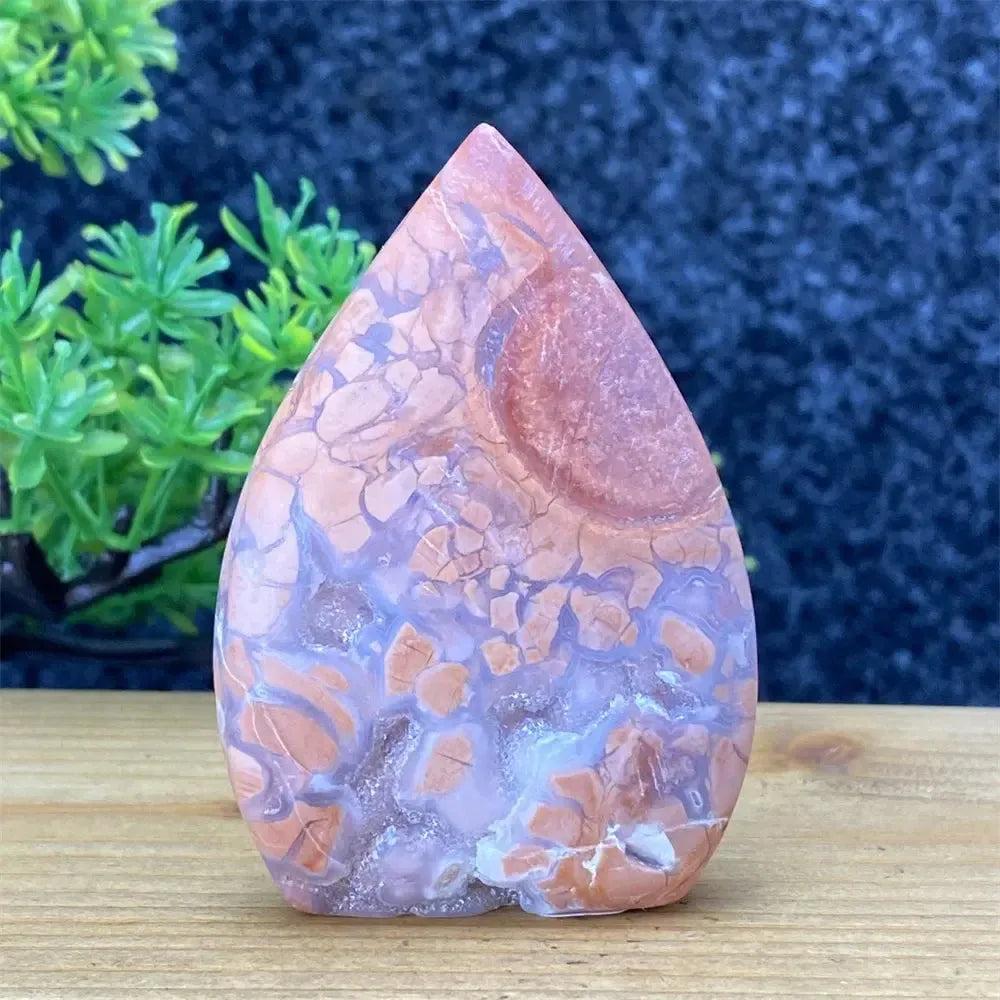 Hand-polished Pink Agate geode torch from Crystal Destiny, showcasing blush, cream, and dusty rose layers.