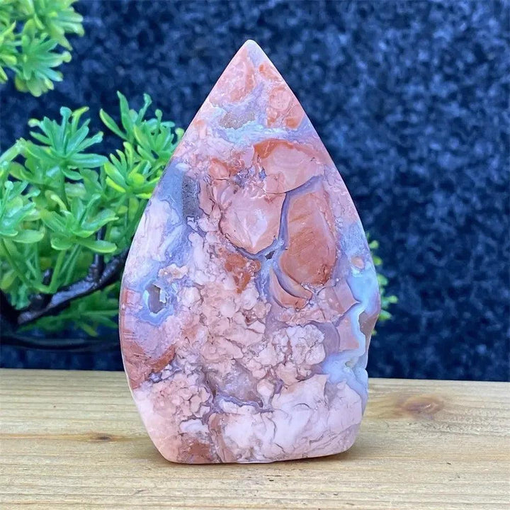 Hand-polished Pink Agate geode torch from Crystal Destiny, showcasing blush, cream, and dusty rose banding for emotional balance.