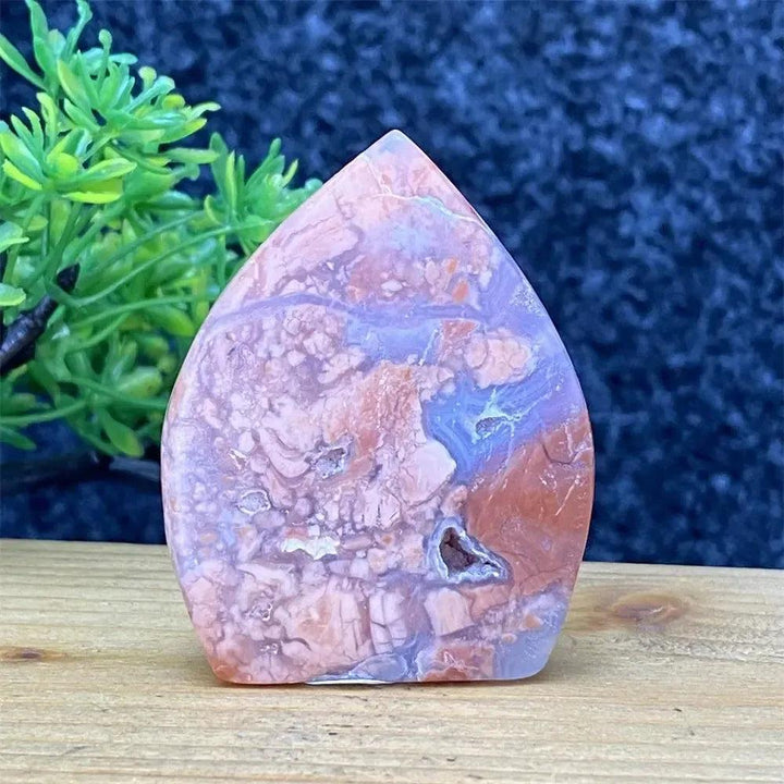Hand-polished Pink Agate geode torch from Crystal Destiny, showcasing blush, cream, and dusty rose banding for emotional balance.